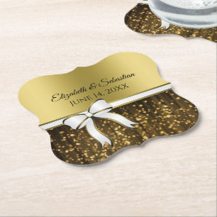 Gold Glam Funkeln & Weißes Band Elegante Hochzeit Untersetzer
