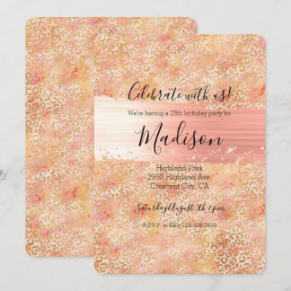 Gold Glam Girl Peach Pink Blush Leopard Print Einladung