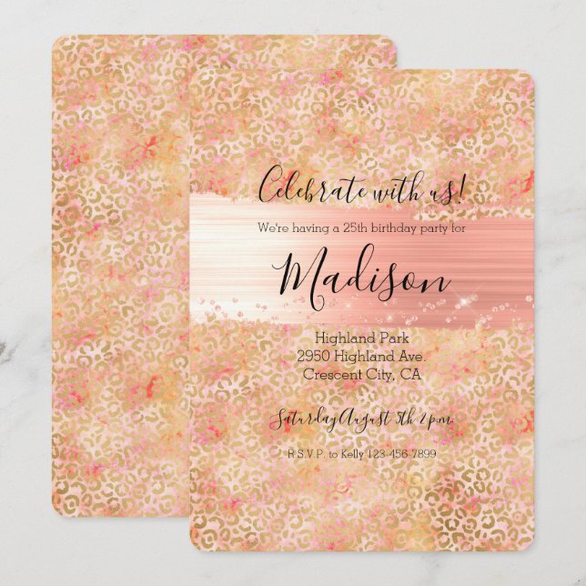 Gold Glam Girl Peach Pink Blush Leopard Print Einladung (Vorne/Hinten)
