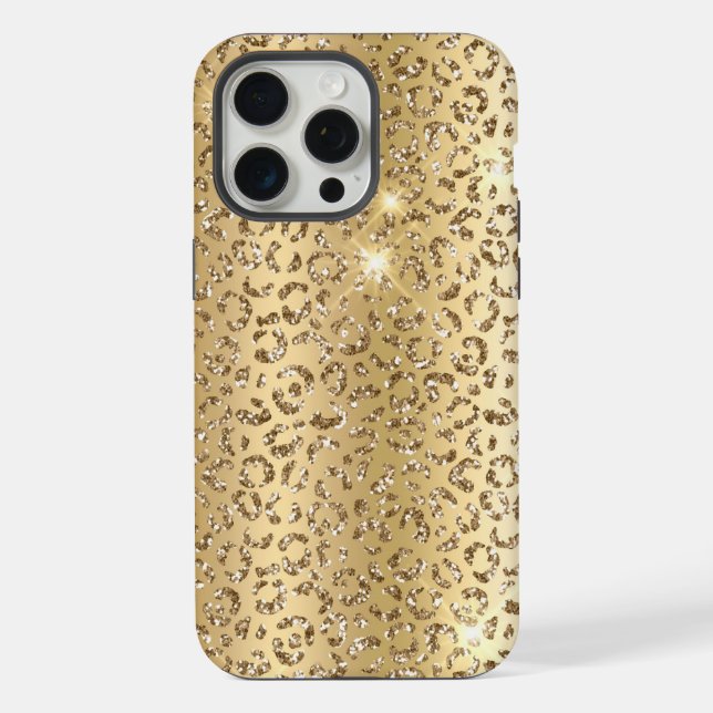 Gold Glam Glitter Leopard iPhone 15 Pro Max Hülle (Rückseite)