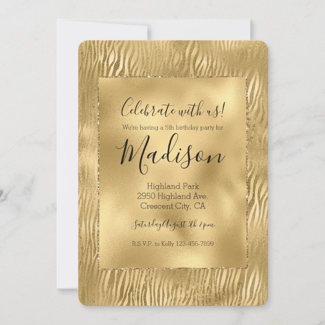 Gold Glam Glitz Zebra Print Einladung (Vorderseite)