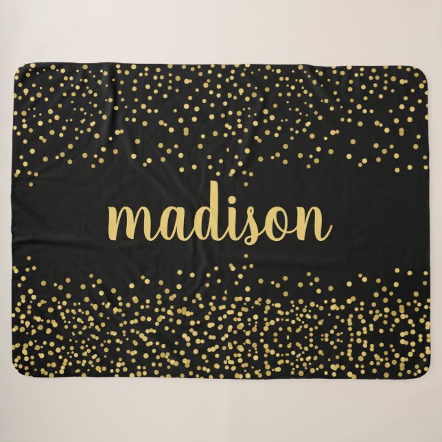 Gold Glam Glitzer Confetti | Ihr Name auf schwarz Sherpadecke (Vorderseite (Horizontal))