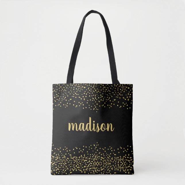 Gold Glam Glitzer Confetti | Personalisiert Schwar Tasche (Vorderseite)