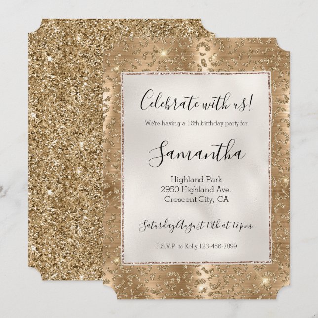Gold Glam Glitzer Leopard Print Einladung (Vorne/Hinten)