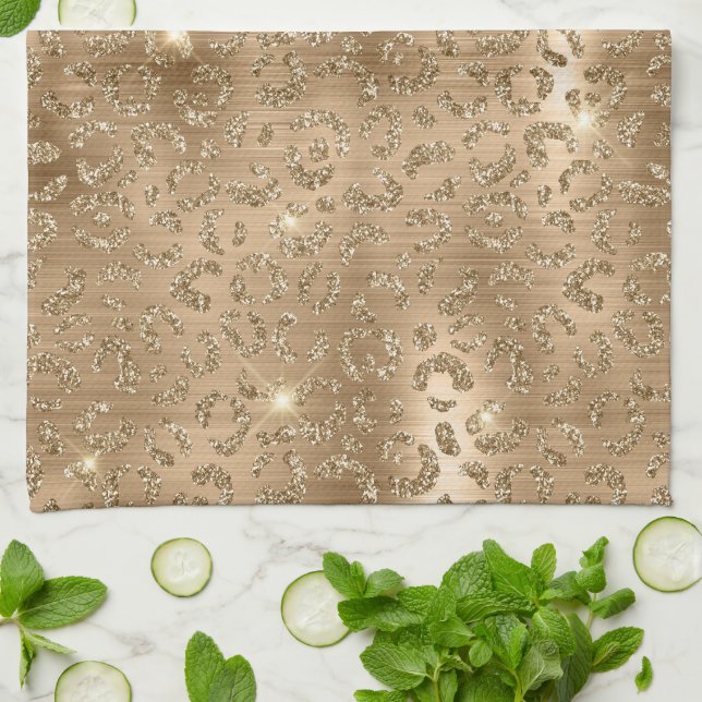 Gold Glam Glitzer Leopard Print Geschirrtuch (Gefaltet)