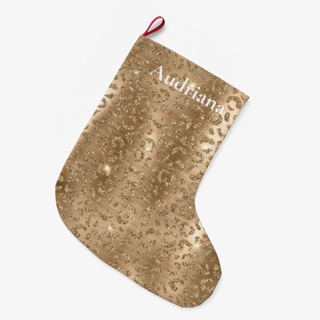 Gold Glam Glitzer Leopard Print Großer Weihnachtsstrumpf (Vorderansicht (hängend))
