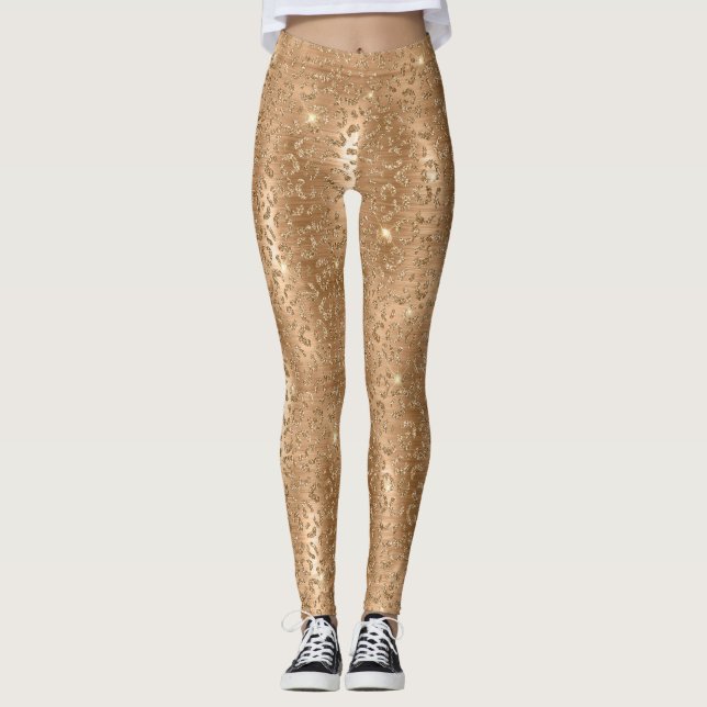 Gold Glam Glitzer Leopard Print Leggings (Vorderseite)