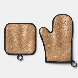 Gold Glam Glitzer Leopard Print Ofenhandschuh & Topflappen-Set