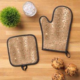 Gold Glam Glitzer Leopard Print Ofenhandschuh & Topflappen-Set