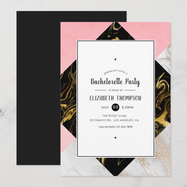 Gold Glam Glitzer Marble Junggeselinnen-Abschied Einladung (Vorne/Hinten)