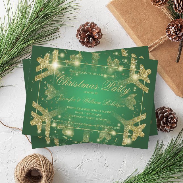 Gold Glam Glitzer Snowflake Xmas Holiday Green Einladung (Gold Glam Glitter Snowflake Xmas Holiday Green Invitation)