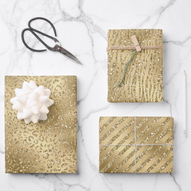 Gold Glam Glitzy Glitzer Leopard Print Geschenkpapier Set (Vorderseite)