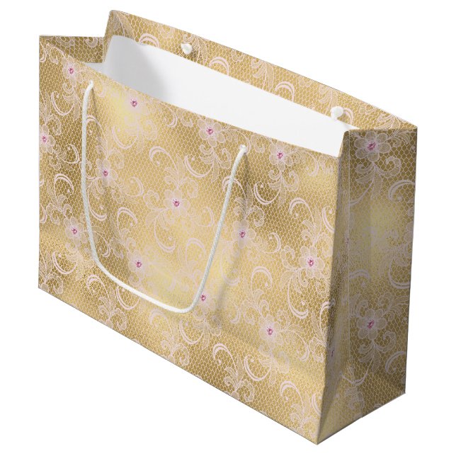 Gold Glam Hübsch Pink Lace Floral Brautparty Große Geschenktüte (Vorderseite Schrägansicht)
