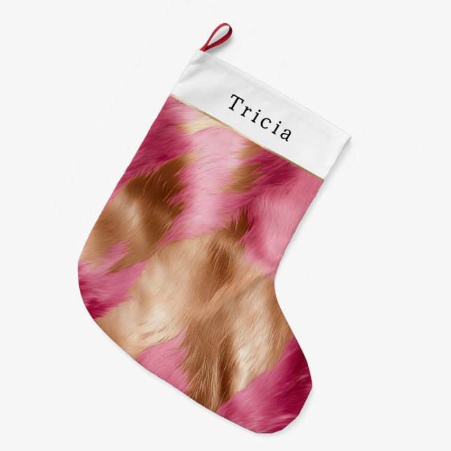 Gold Glam Pink Southwest Cowhide Christmas Großer Weihnachtsstrumpf (Vorderansicht (hängend))