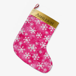 Gold Glam Pink Weiße Schneeflocken Weihnachten Großer Weihnachtsstrumpf