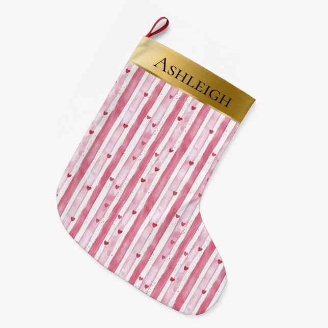 Gold Glam Pink Weißes Herz Streifen Weihnachten Großer Weihnachtsstrumpf (Vorderansicht (hängend))