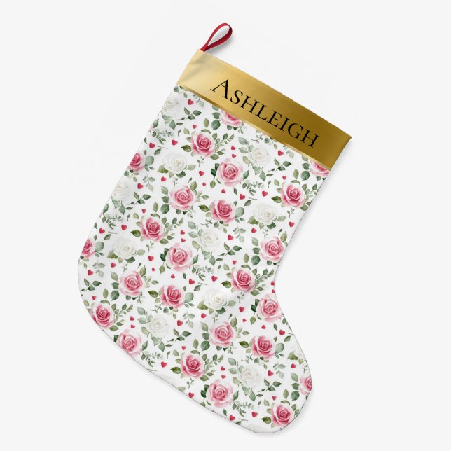 Gold Glam Pink White Floral Hearys Weihnachten Großer Weihnachtsstrumpf (Vorderansicht (hängend))