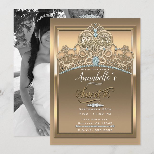Gold Glam Princess Herz Tiara Sweet 16 Foto Einladung (Vorne/Hinten)