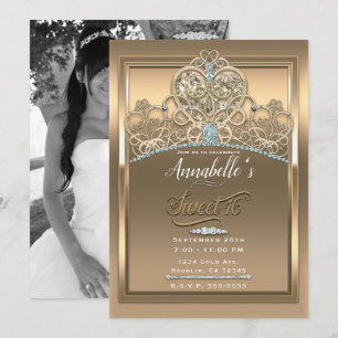 Gold Glam Princess Herz Tiara Sweet 16 Foto Einladung