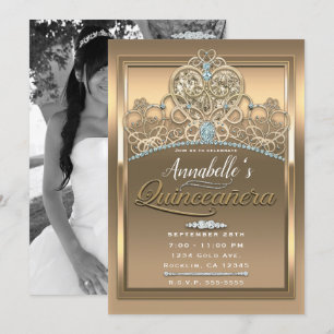 Gold Glam Prinzessin Herz Tiara Quinceañera Foto Einladung