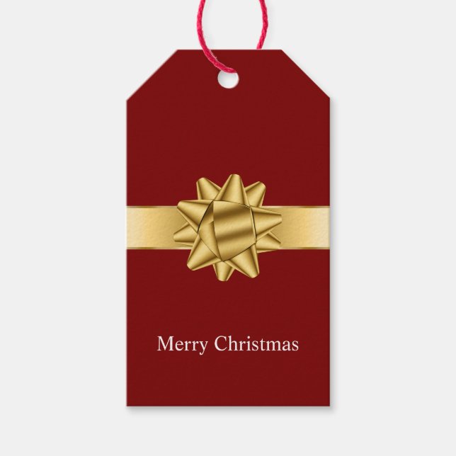 Gold Glam Red Burgundy Ribbon Bow Weihnachten Geschenkanhänger (Vorderseite)