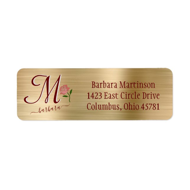 Gold Glam Red Rose Custom Monogramme Nom Étiquette (Devant)