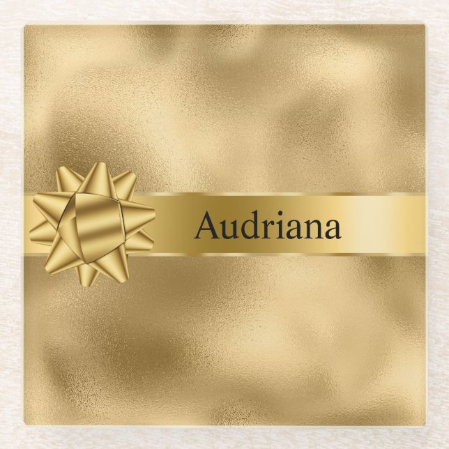 Gold Glam Ribbon und Bow Weihnachten Glasuntersetzer (Vorderseite)