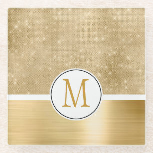 Gold Glam Sparkle Monogram Glasuntersetzer