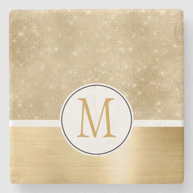 Gold Glam Sparkle Monogram Steinuntersetzer (Vorderseite)