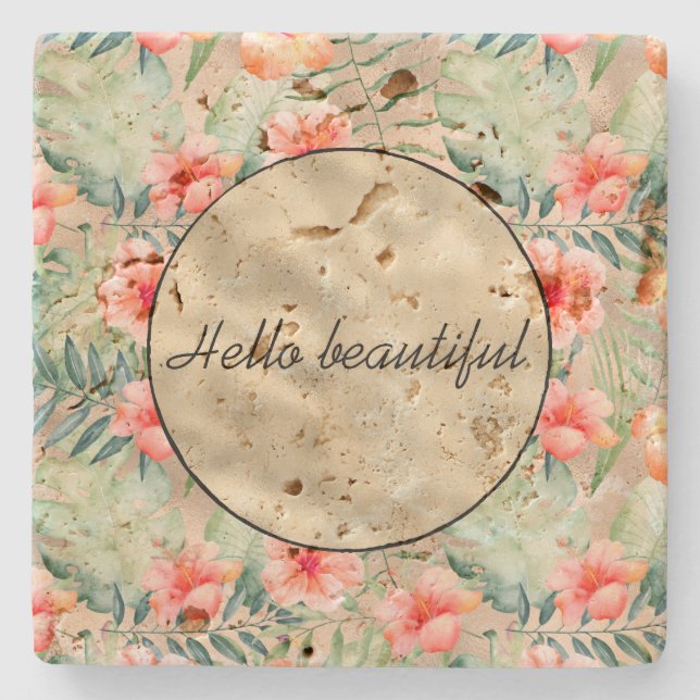 Gold Glam Tropical Pink Peach Hibiskus Floral Steinuntersetzer (Vorderseite)