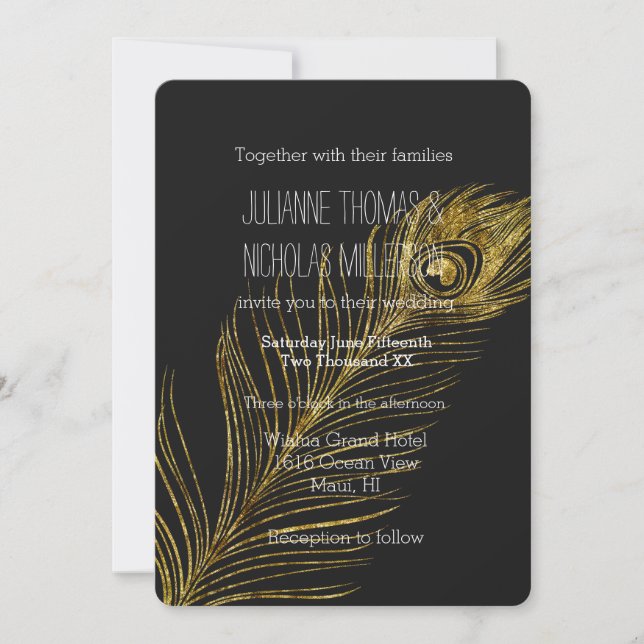 Gold Glam und Black Peacock Feather Wedding Einladung (Vorderseite)