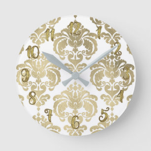 Gold Glam & Weiß Damast Modern Personalisiert Runde Wanduhr