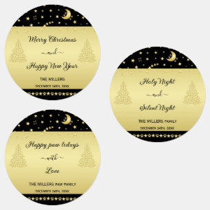 Gold glänzende Weihnachtssterne, Pfoten auf Gold u Etiketten