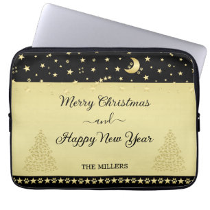 Gold glänzende Weihnachtssterne, Pfoten auf Gold u Laptopschutzhülle