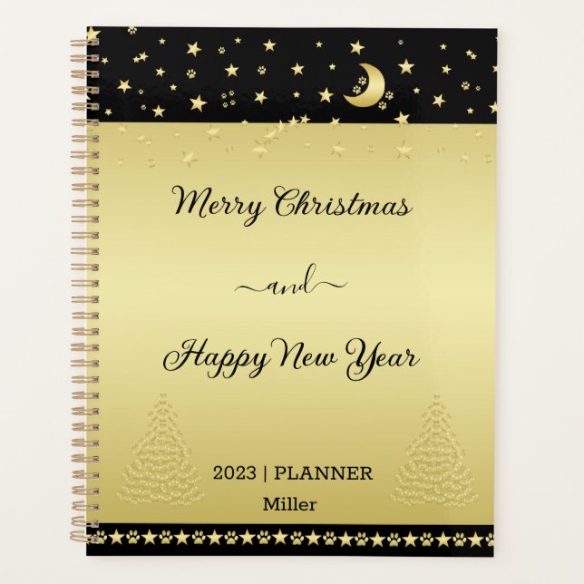 Gold glänzende Weihnachtssterne, Pfoten auf Gold u Planer (Vorderseite)