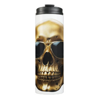 Gold glänzender 3D-Schädel mit Sonnenbrille Thermosbecher