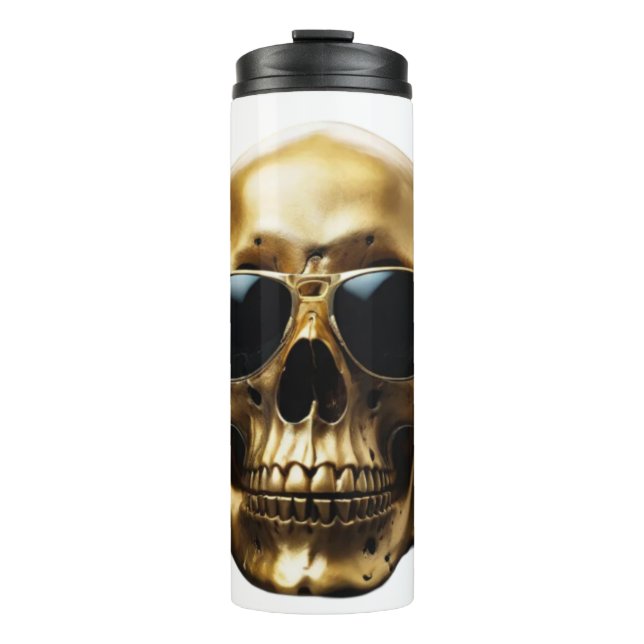 Gold glänzender 3D-Schädel mit Sonnenbrille Thermosbecher (Vorderseite)