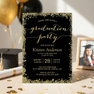 Gold Glänzt Border Typografie Abschlussfeier Einladung