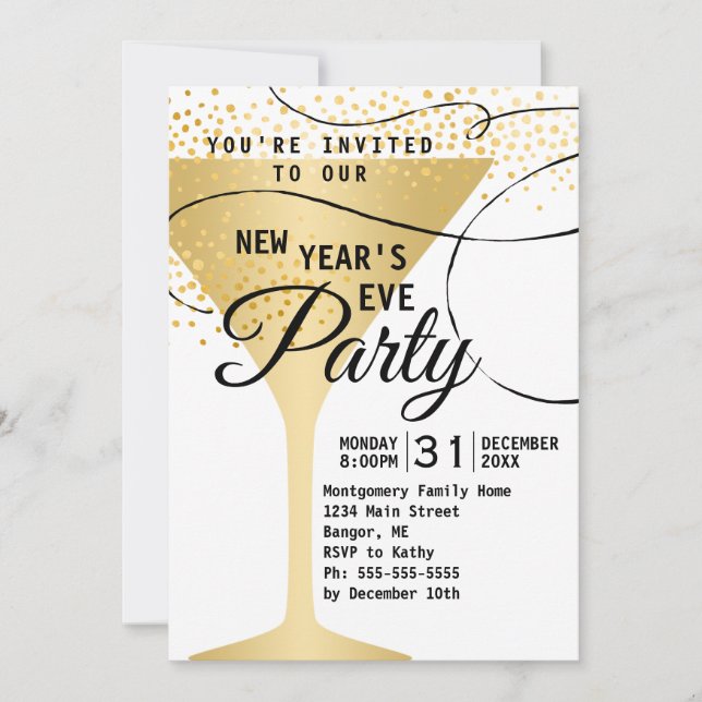 Gold Glass Confetti White Silvester Party 2019 Einladung (Vorderseite)