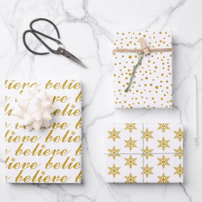 Gold glauben, Schneeflocken Polka macht Weihnachte Geschenkpapier Set (Vorderseite)