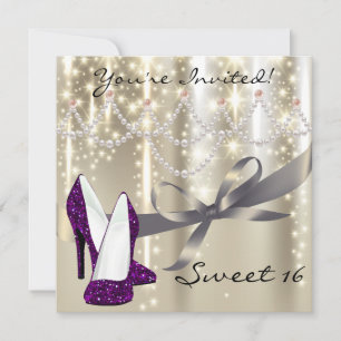 Gold Glimmer Lila Glitzer Shoes 16 . Geburtstag Einladung