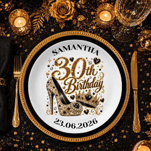 Gold Glitter 30. Geburtstag Schwarz Luxus Party Te Pappteller