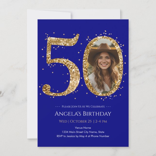 Gold Glitter 50th Birthday Photo Invitation (Devant)