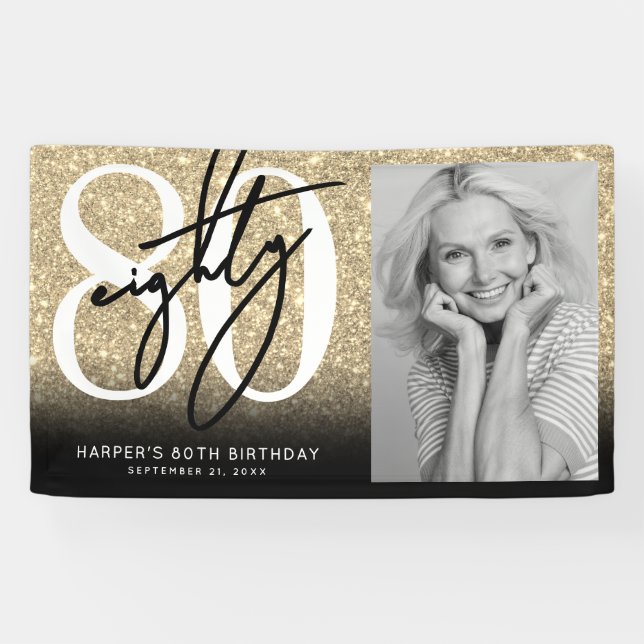 Gold Glitter 80. Geburtstagsfeier Banner (Horizontal)