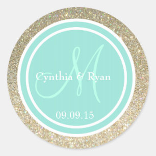 Gold Glitter & Aqua Hochzeits-Monogramm-Siegel Runder Aufkleber