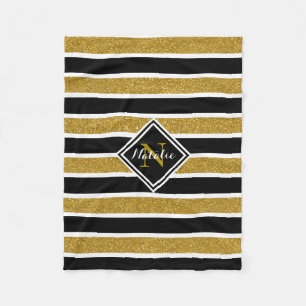 Gold Glitter B&W Streifen mit Name & Monogramm Fleecedecke