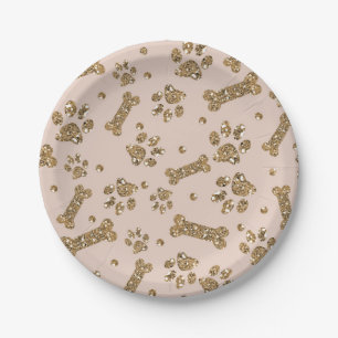 Gold Glitter Beige Blush Pfoten-Knochen Hundewelpe Pappteller