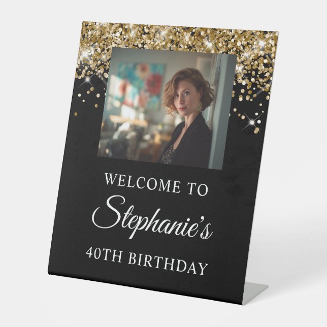 Gold Glitter Black Photo 40th Birthday Sockelschild (Vorderseite)