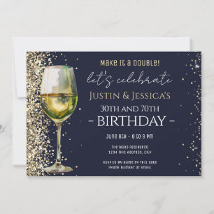Gold Glitter Blau Doppelte Wein Geburtstagsfeier Einladung