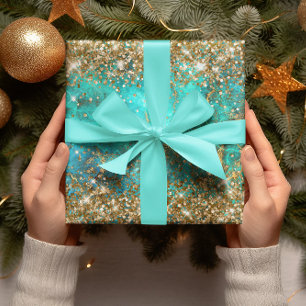 Gold Glitter Blau Türkis Edelstein Feuer Glamour Geschenkpapier Set